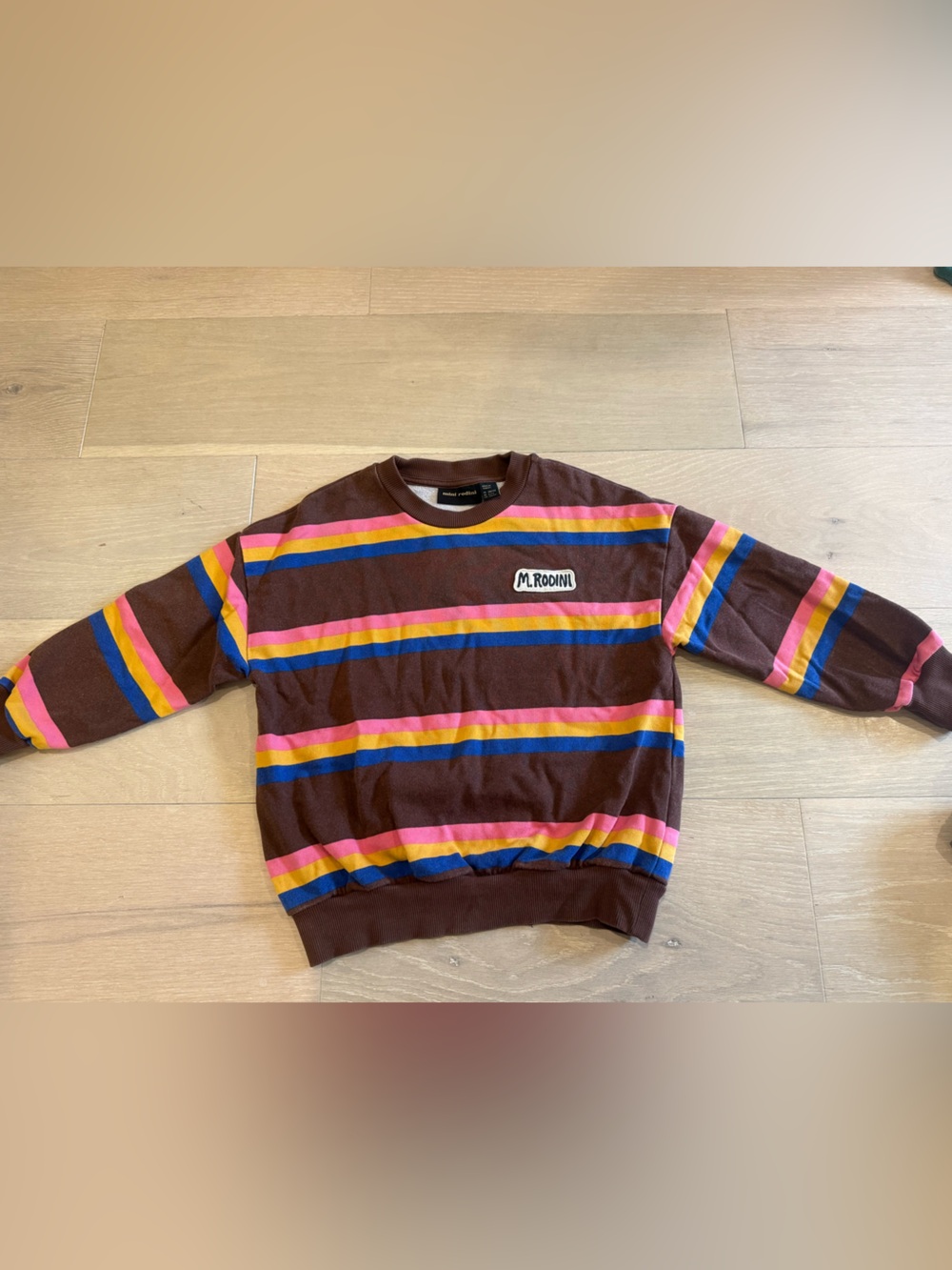 Mini Rodini Brown Multi-Stripe Kids Sweatshirt with Pink, Blue & Yellow Stripes